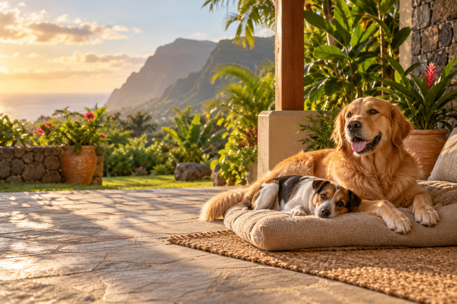 Deux chiens au repos dans un jardin tropical, image illustrative